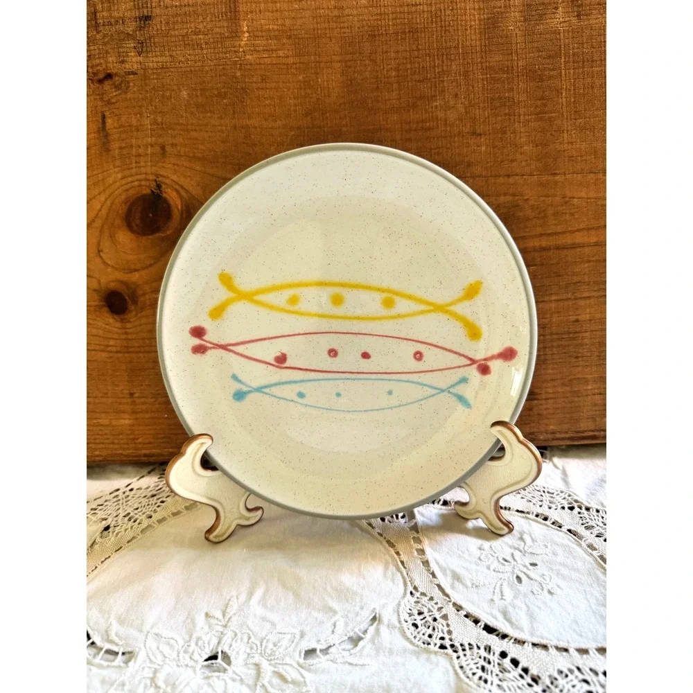 Harkerware Olympic Stone China Plate MCM Atomic Yellow Pink Blue 7.5 Vintage